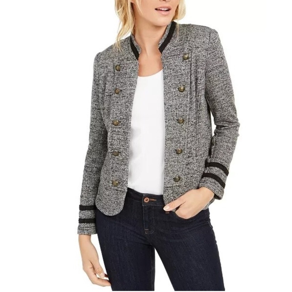 Tommy Hilfiger Military Style Jacket Tweed Black Gray Blazer Women’s Large - Picture 4 of 14